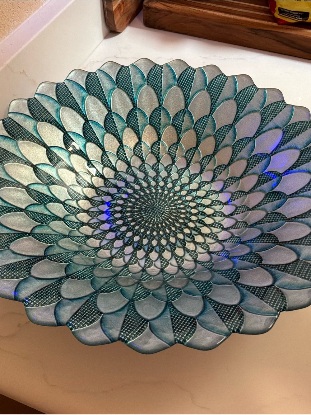 Large Decorative Teal Blue Glass Petal Bowl Platter Elegant Art